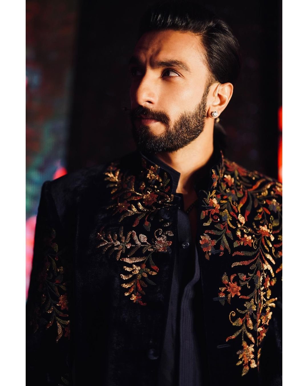 ranveer singh in a black embroidered sherwani