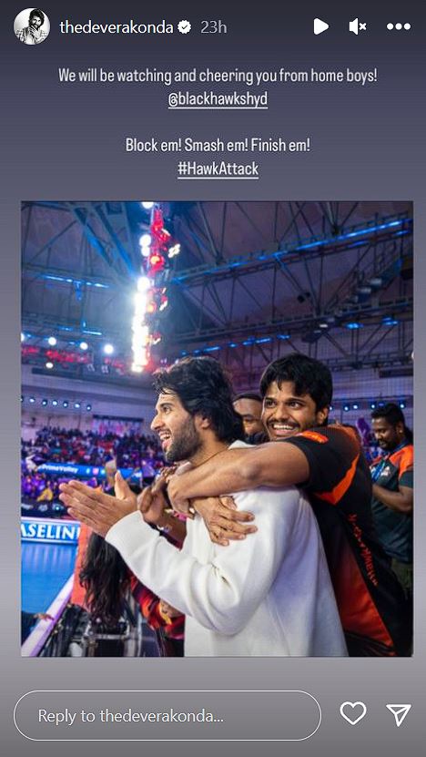 Vijay Deverakonda's Instagram story cheering for his team Hyderabad Black Hawks