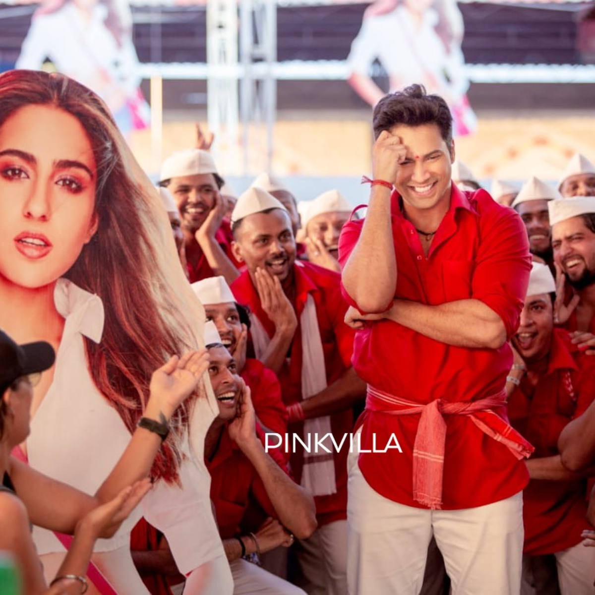 EXCLUSIVE: Coolie No.1 star Varun Dhawan blushes next to Sara Ali Khan's cutout in Teri Bhabhi song still