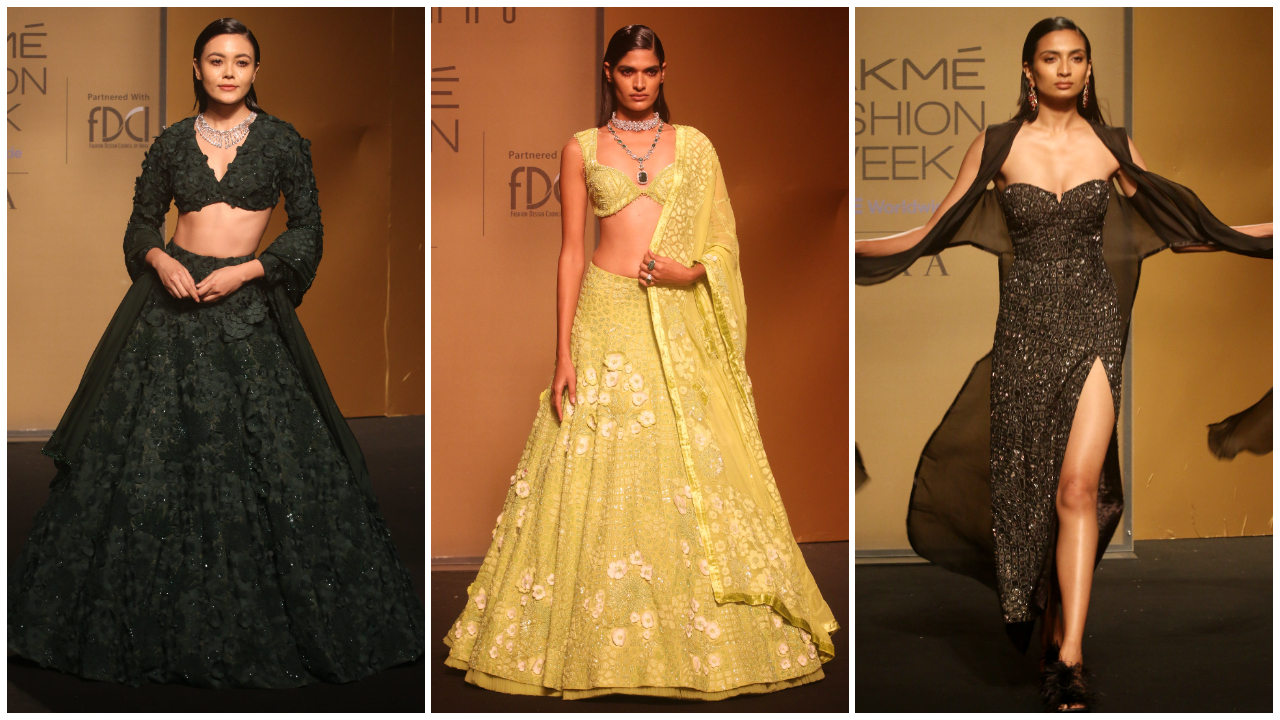 Models in lehengas and a dress.