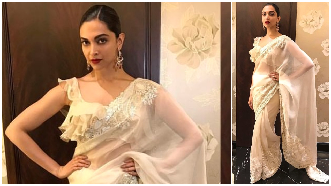 Deepika in a white ruffled blouse