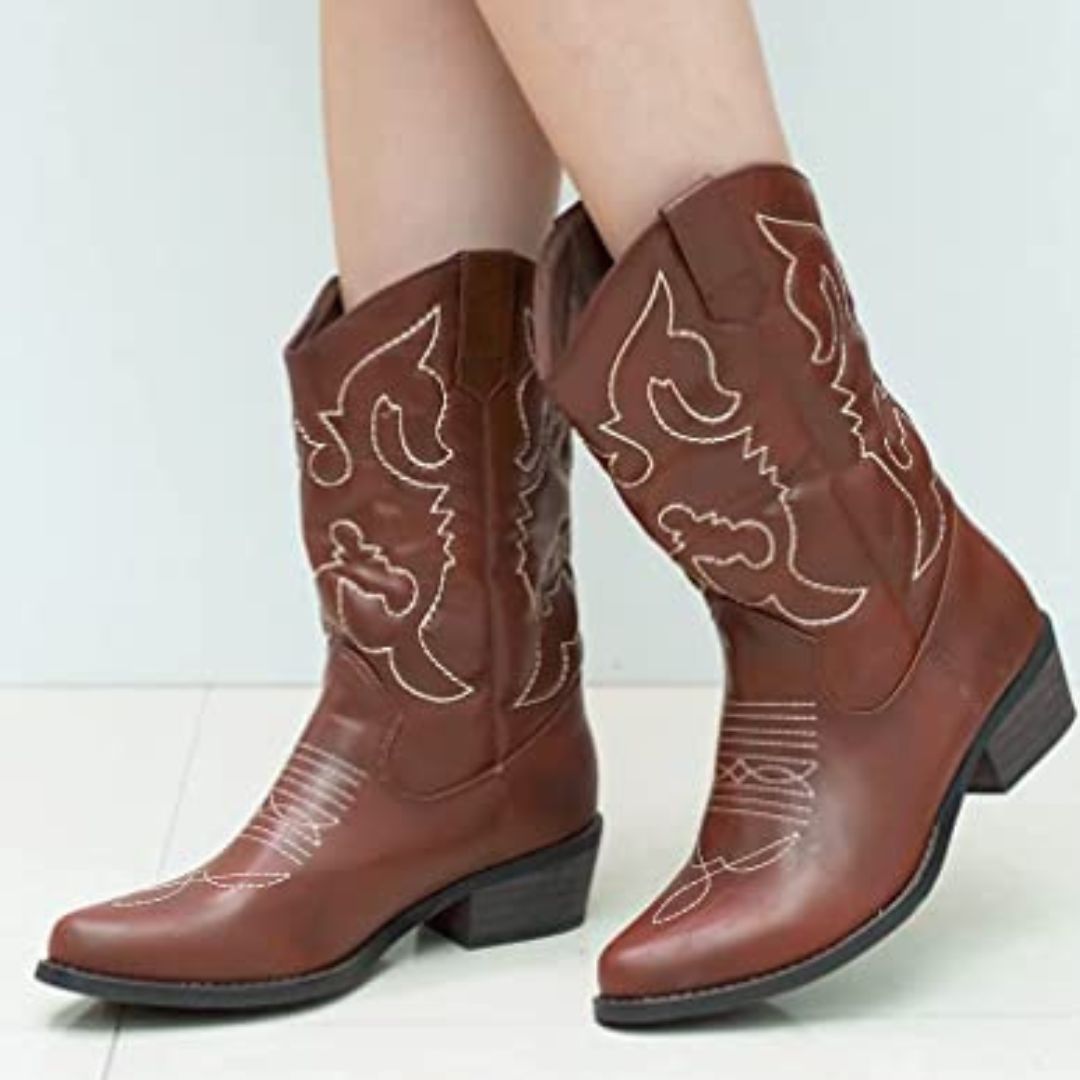  HISEA Rollda Cowboy Boots Women Western Boots Cowgirl Boots  Ladies Pointy Toe Fashion Boots | Mid-Calf