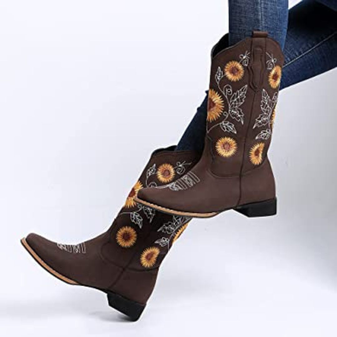  HISEA Rollda Cowboy Boots Women Western Boots Cowgirl Boots  Ladies Pointy Toe Fashion Boots | Mid-Calf