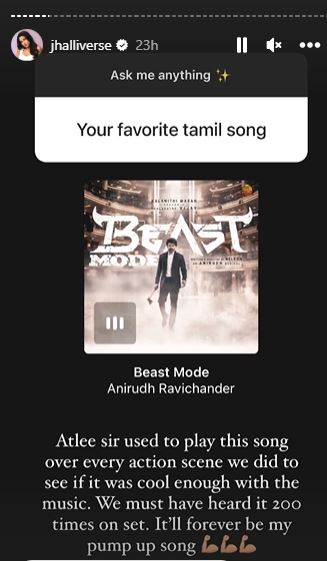 Aaliyah Qureishi shared on her story that Atlee used to play 'Beast Mode' on set during action sequences