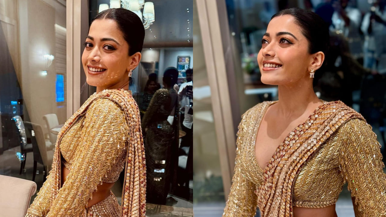 Rashmika Mandanna’s glistening golden modernized saree