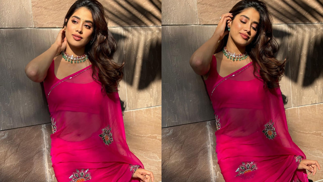 Janhvi Kapoor in hot pink hued saree with bustier look style