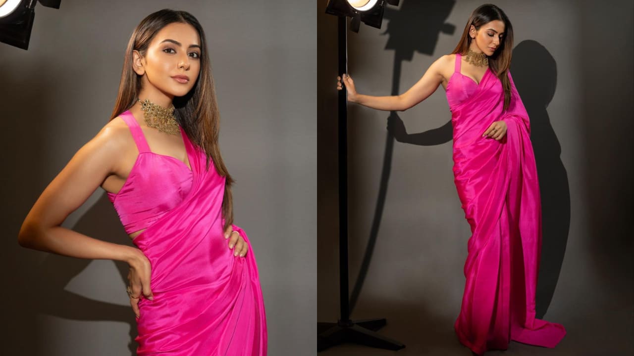 Rakul Preet Singh Hot Pink Saree look style fashion