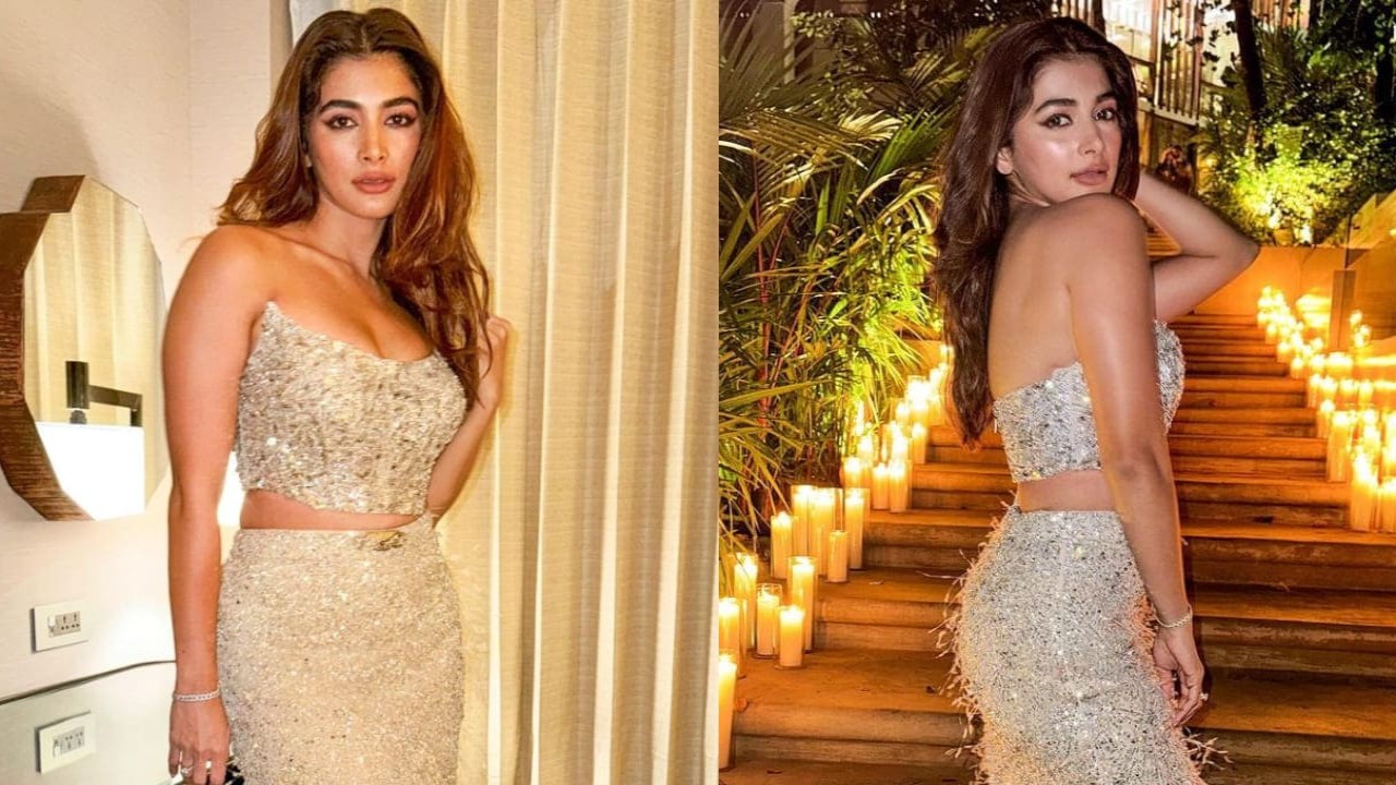 Pooja Hegde enchants the room in a gleaming nude colored strapless top and  matching skirt | PINKVILLA