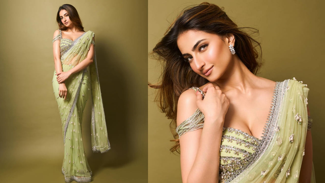 Pistachio Pastel Green Georgette Saree With Sequins Embroidery