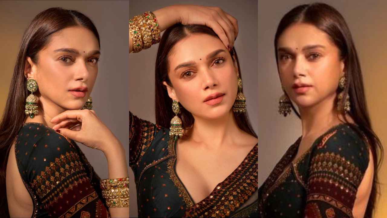 Aditi Rao Hydari channels her inner Rajput princess in Jigar Mali’s green lehenga with gold embroidery work (PC: Aditi Rao Hydari Instagram)