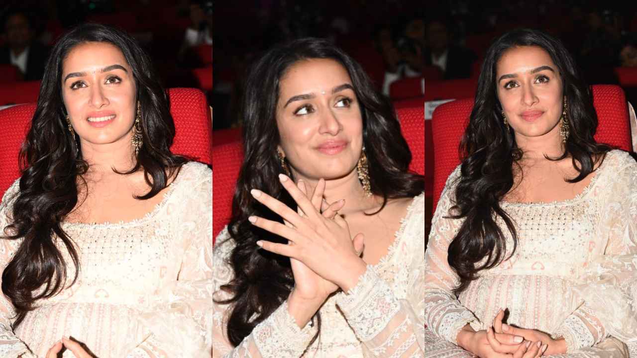 Shraddha Kapoor’s white Anarkali suit with floral embroidered dupatta proves that simplicity always takes the crown (PC: Viral Bhayani)