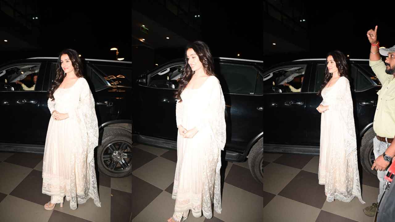 Shraddha Kapoor’s white Anarkali suit with floral embroidered dupatta proves that simplicity always takes the crown (PC: Viral Bhayani)