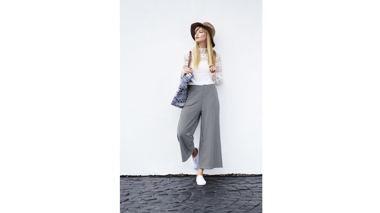 Gray Culottes with a Round Neck Floral Lace White Top