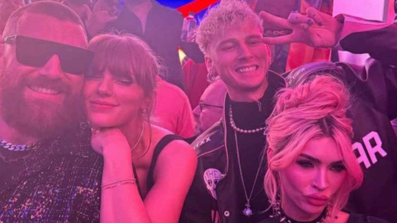 Taylor Swift, Travis Kelce, Megan Fox, And Machine Gun Kelly Pose With Wide  Smiles At Super Bowl Party | PINKVILLA