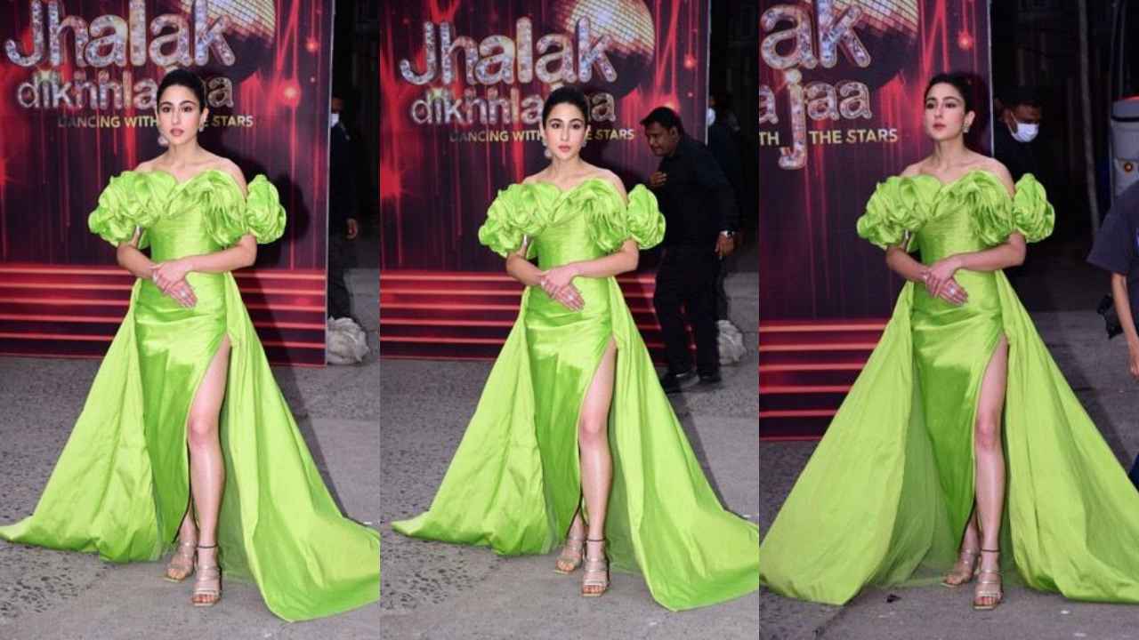 Sara Ali Khan wears an off-shoulder acid lime gown with a hot side slit but  her puffed bun grabs attention