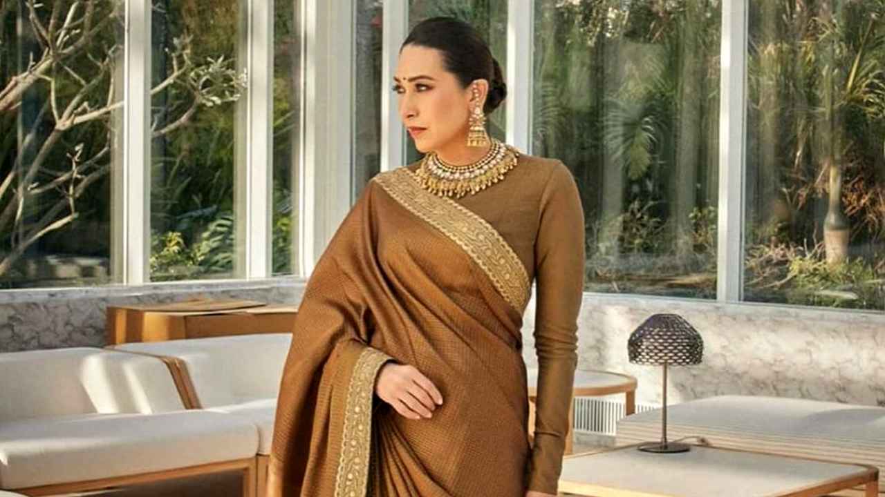 Karisma Kapoor wears brown silk Sabyasachi saree with gold embroidery for Anant Ambani’s pre-wedding (PC: Karisma Kapoor Instagram)