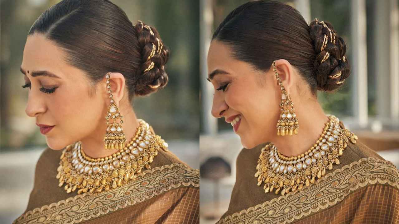 Karisma Kapoor wears brown silk Sabyasachi saree with gold embroidery for Anant Ambani’s pre-wedding (PC: Karisma Kapoor Instagram)