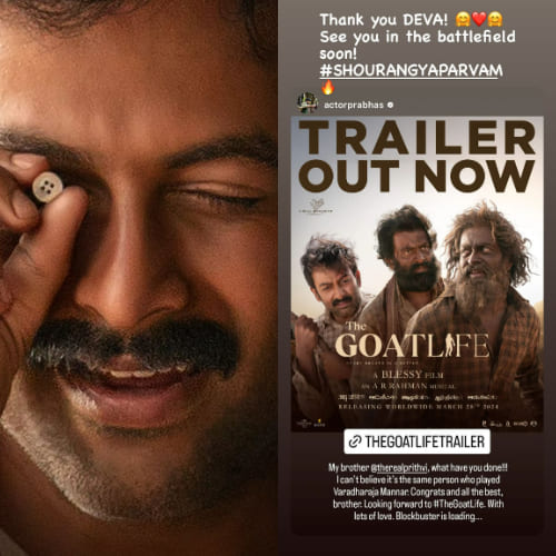 Prabhas is blown away by Prithviraj Sukumaran's Aujeevitham trailer