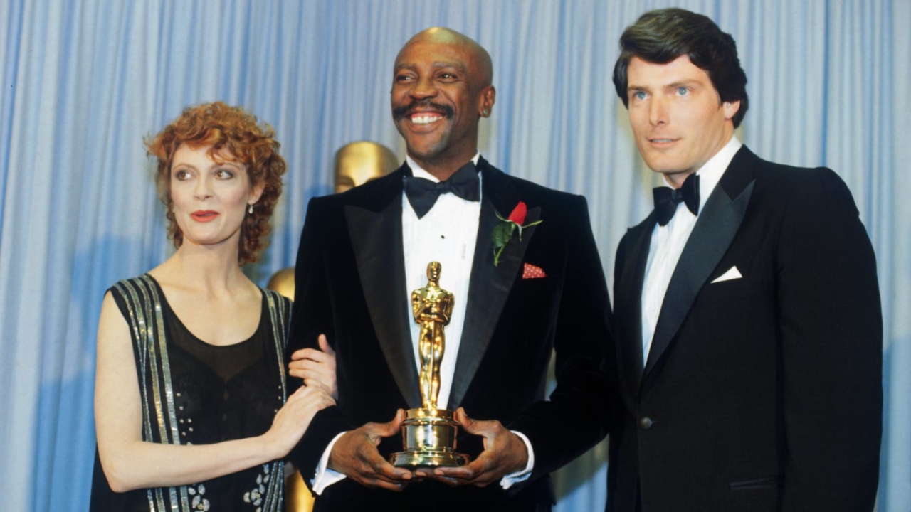 Louis Gossett Jr. with his Oscar in 1982 alongside Christopher Reeves and Susan Sarandon