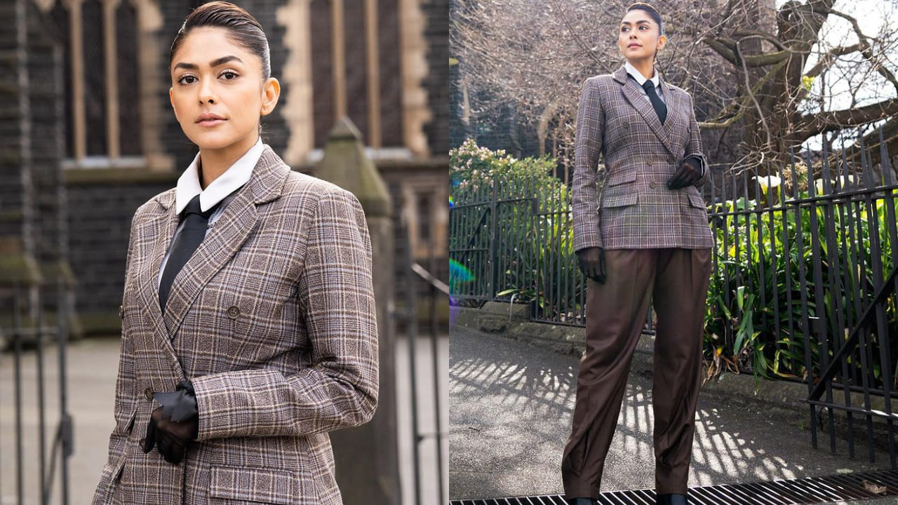 mrunal thakur in check suit 