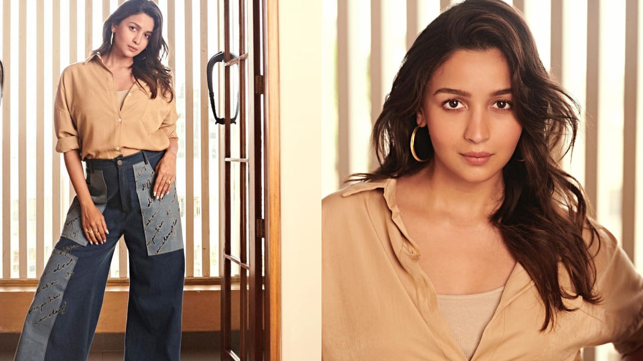 Alia Bhatt in flared pants and shirt ( House of pixels) 