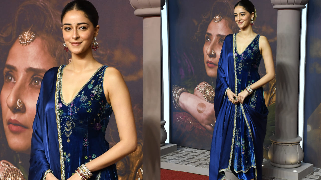 Ananya Panday in blue velvet kurta at Heeramandi premiere 