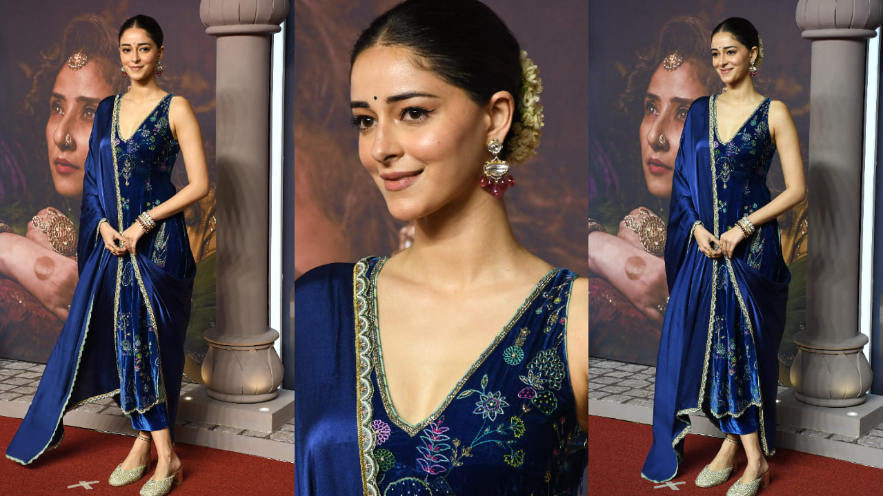 Ananya Panday in blue velvet kurta at Heeramandi premiere 