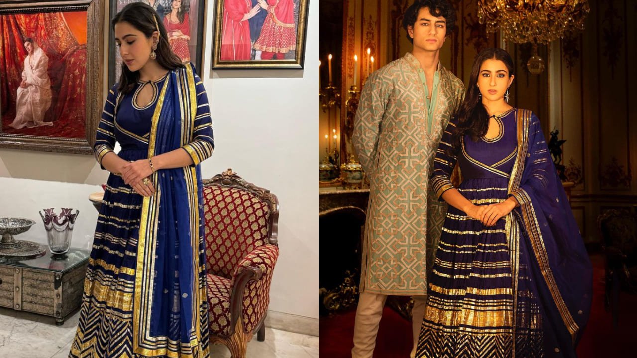 Sara Ali Khan in blue anarkali by Abu Jani Sandeep Khosla 