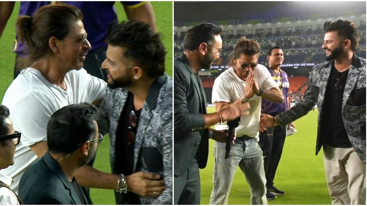 SRK gives tight hug to Suresh Raina and others after interrupting their broadcast; WATCH