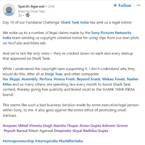 Sparsh Agarwal's LinkedIn post