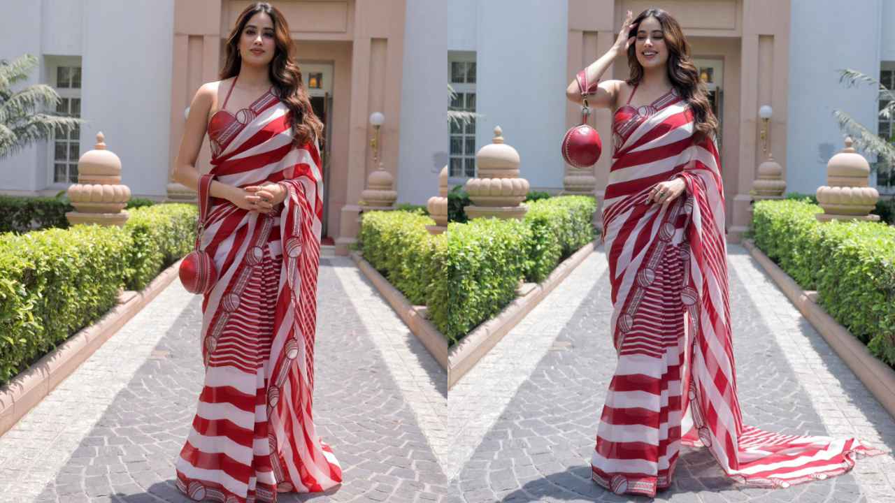 Janhvi Kapoor is unstoppable with her obsession for cricket themed saree but it makes for perfect fuss-free cocktail number (PC: APH Images)