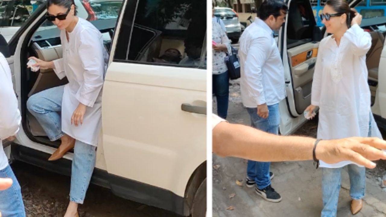 Kareena Kapoor in a relaxed white kurta and light-washed jeans (PC: Viral Bhayani/Pinkvilla)