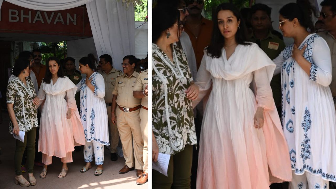 Shraddha Kapoor in peachy white mulmul kurta (PC: Viral Bhayani/Pinkvilla)