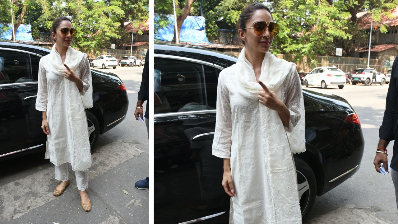 Kiara Advani in an all-white kurta set and embellished ballerinas (PC: Viral Bhayani/Pinkvilla)