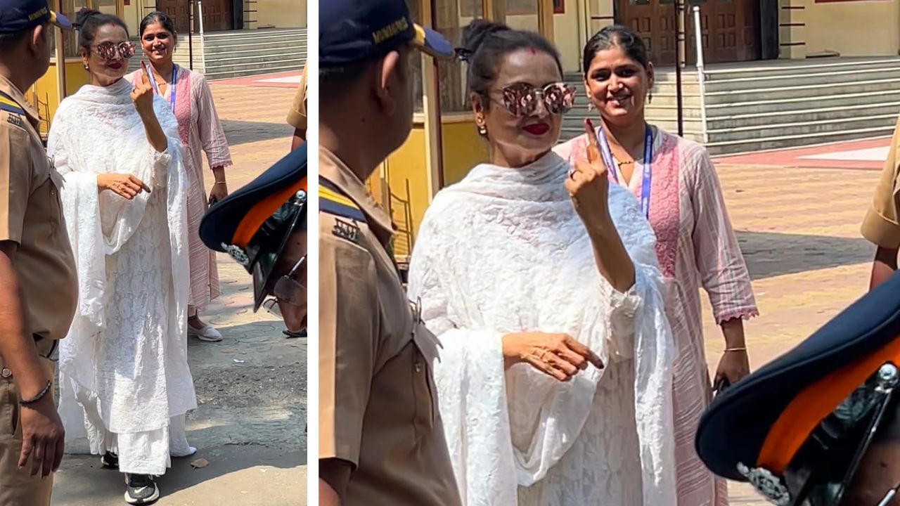 Evergreen Rekha wore her white kurta with Nike sneakers (PC: Viral Bhayani/Pinkvilla)