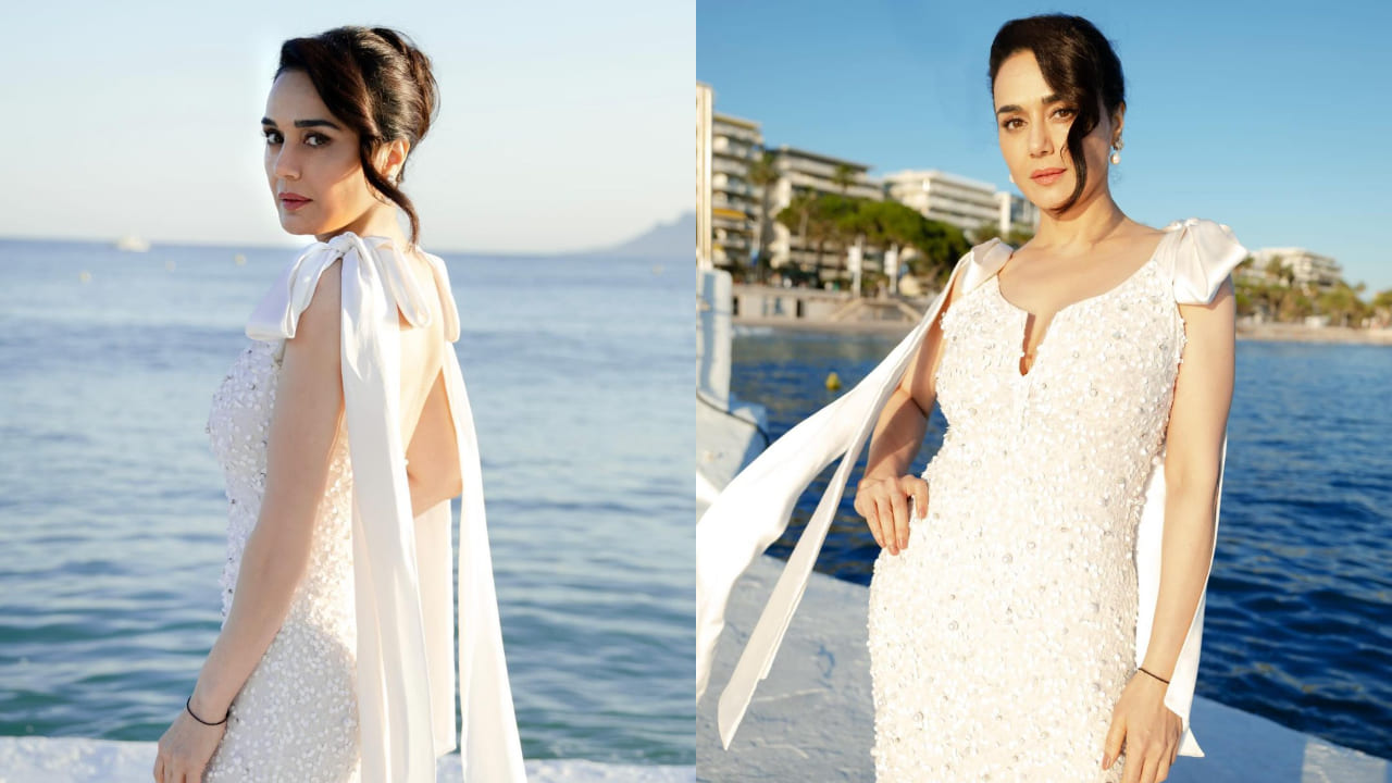 Preity Zinta at Cannes in pearl jewellery and gown