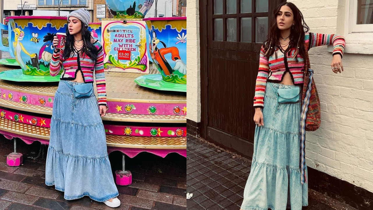 Long denim skirt with cardigan