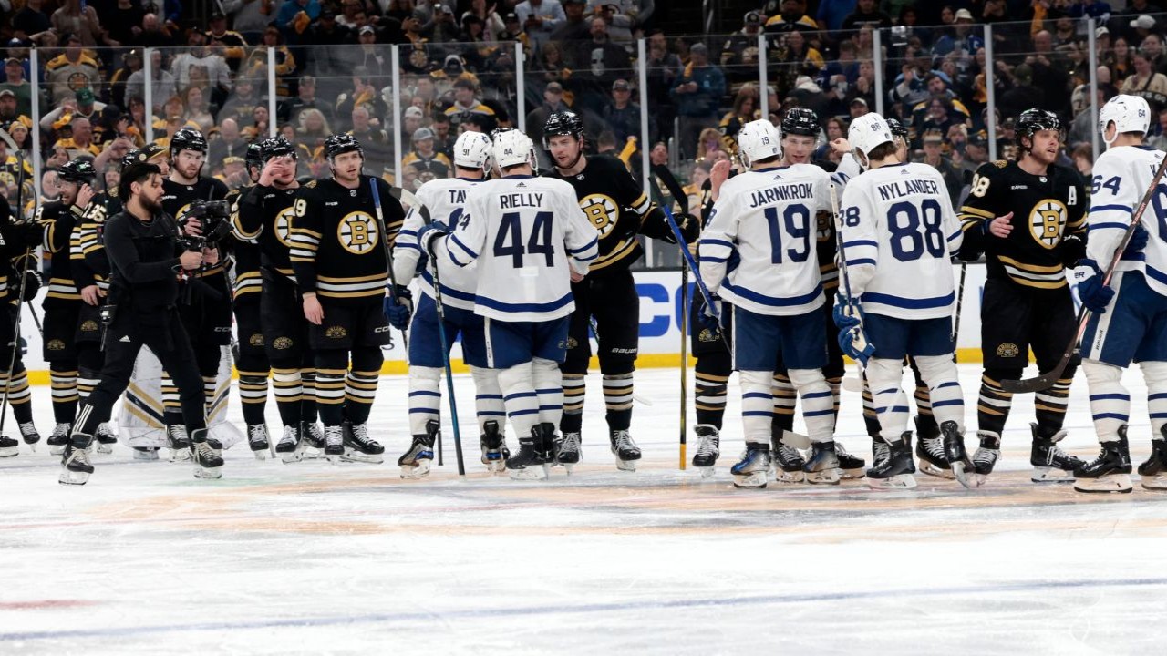 Handshakes after Game 7 of the Eastern Conference First Round playoffs between the Bruins and the Maple Leafs [Credit-Getty Images]