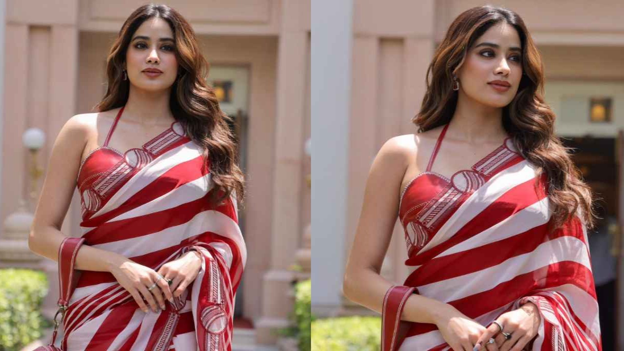 Janhvi Kapoor, red and white, saree, ethnic wear, faux leather, hot, Mr. and Mrs. Mahi, Style, Fashion