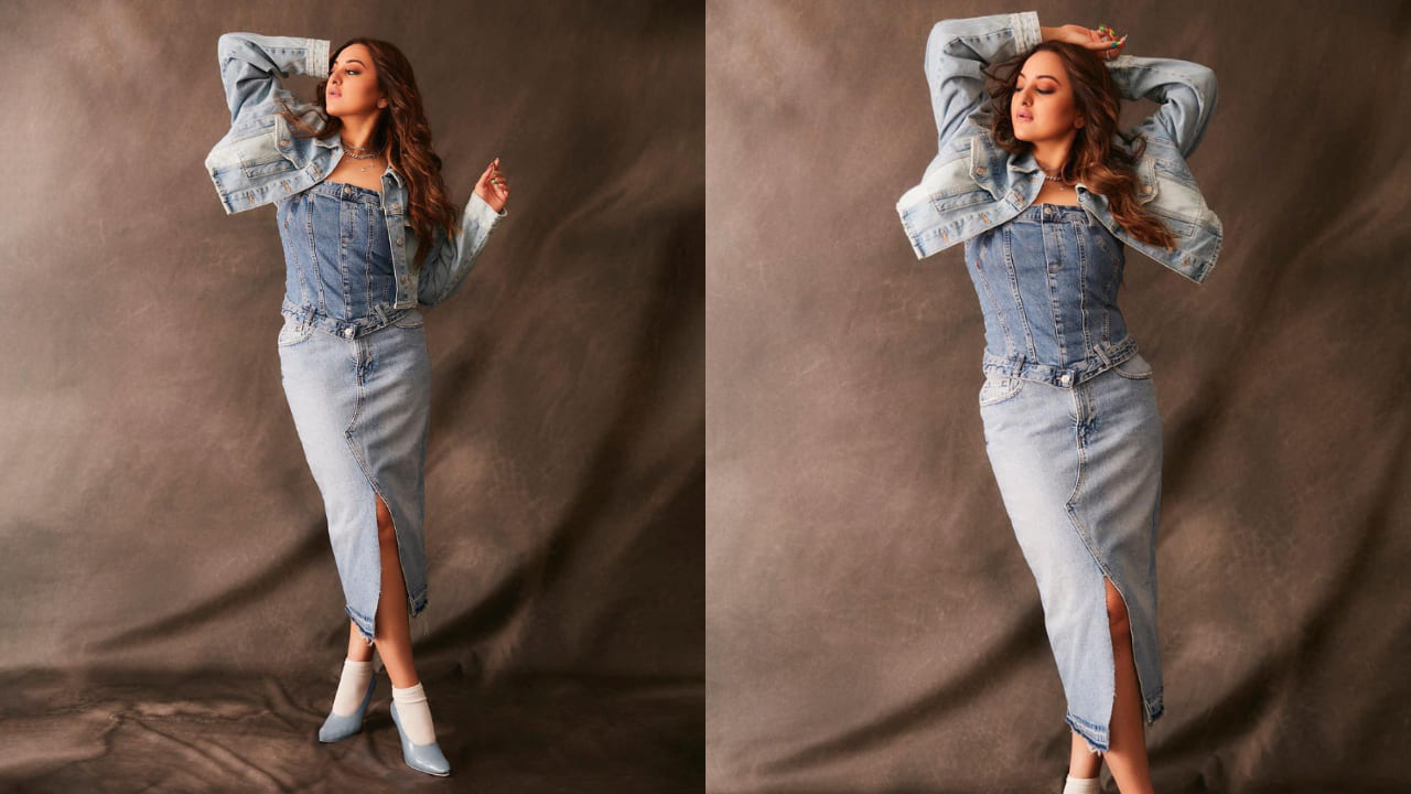 Sonakshi sinha in denim jacket with corset 