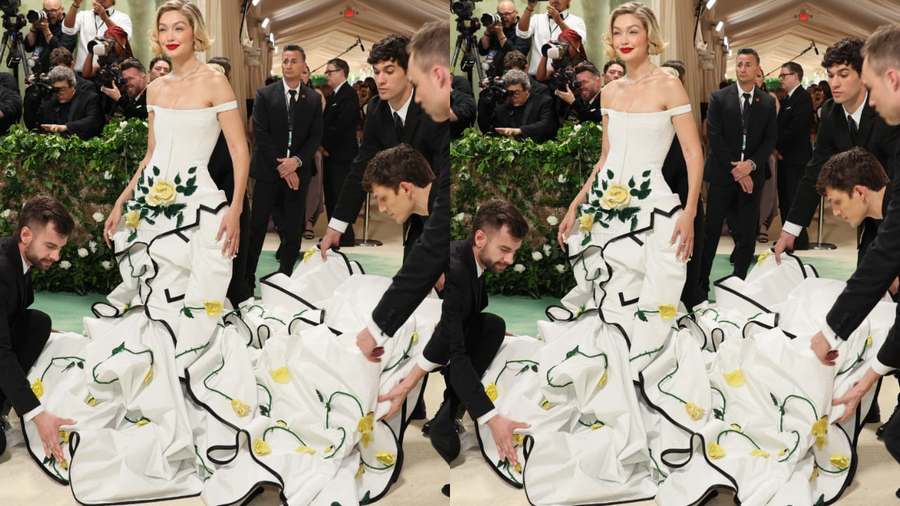 Gigi Hadid in white floral gown