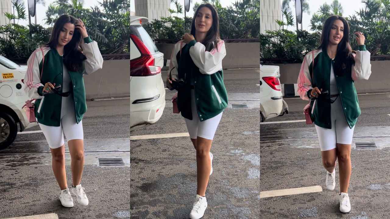 Nora Fatehi’s sassy airport look will make you consider replacing your jeans with cycling shorts (PC: Varinder Chawla)