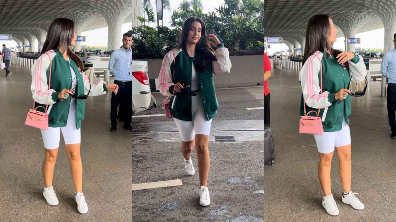 Nora Fatehi’s sassy airport look will make you consider replacing your jeans with cycling shorts (PC: Varinder Chawla)