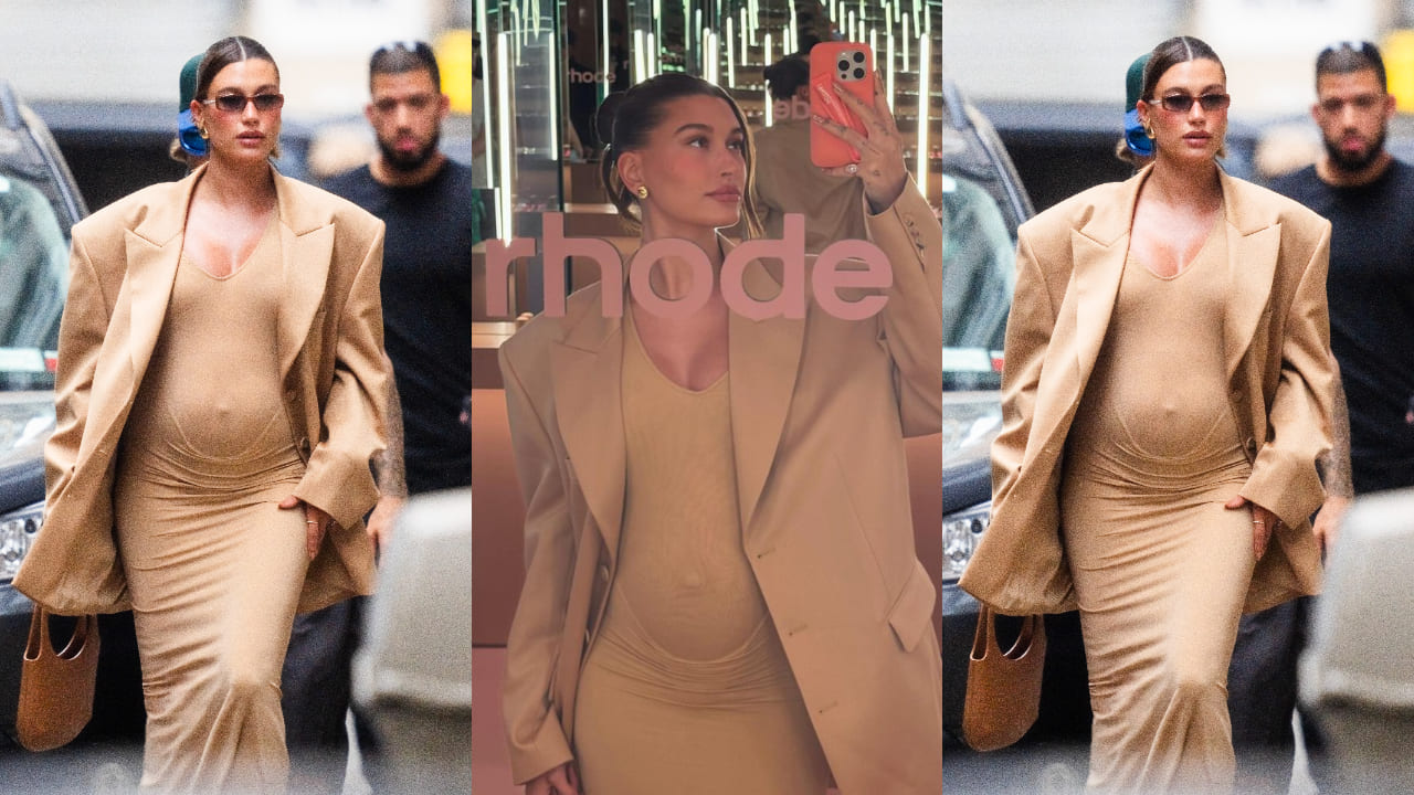 hailey Beiber in beige outfit