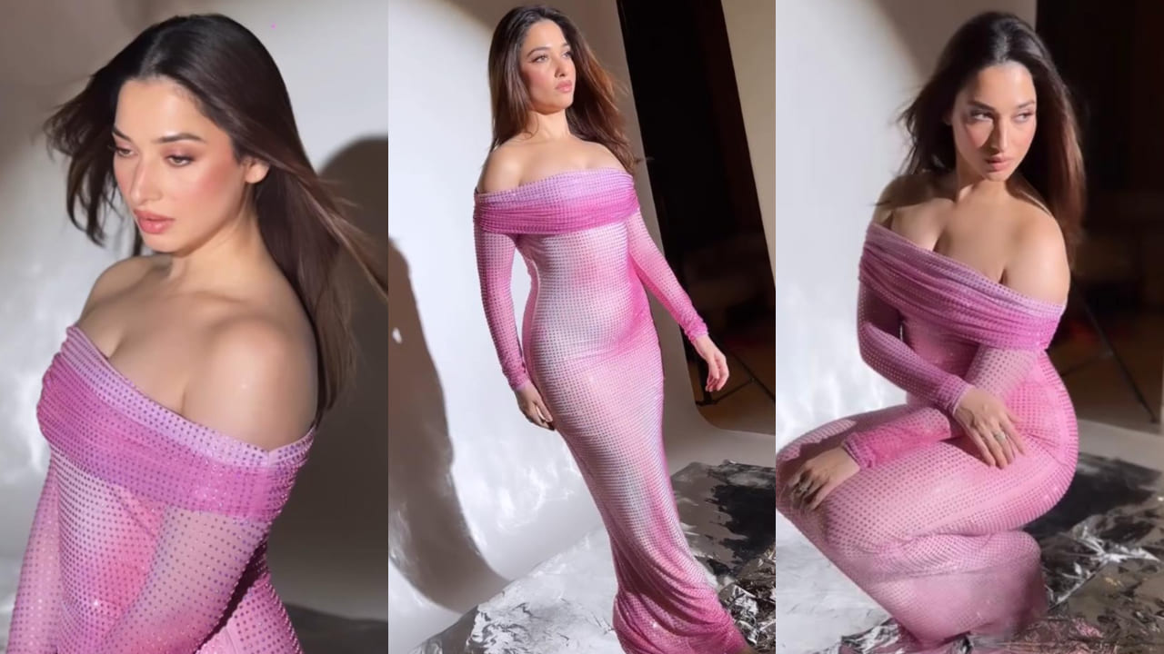 Tamannaah Bhatia in pink rhinestone embellished dress