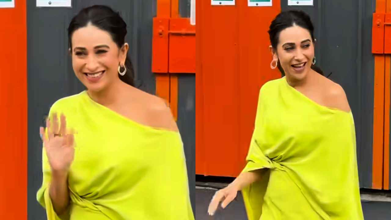 Karisma Kapoor embraces power of neon colors in asymmetrical gown with elegant front drape and long cape (PC: Pinkvilla Instagram)