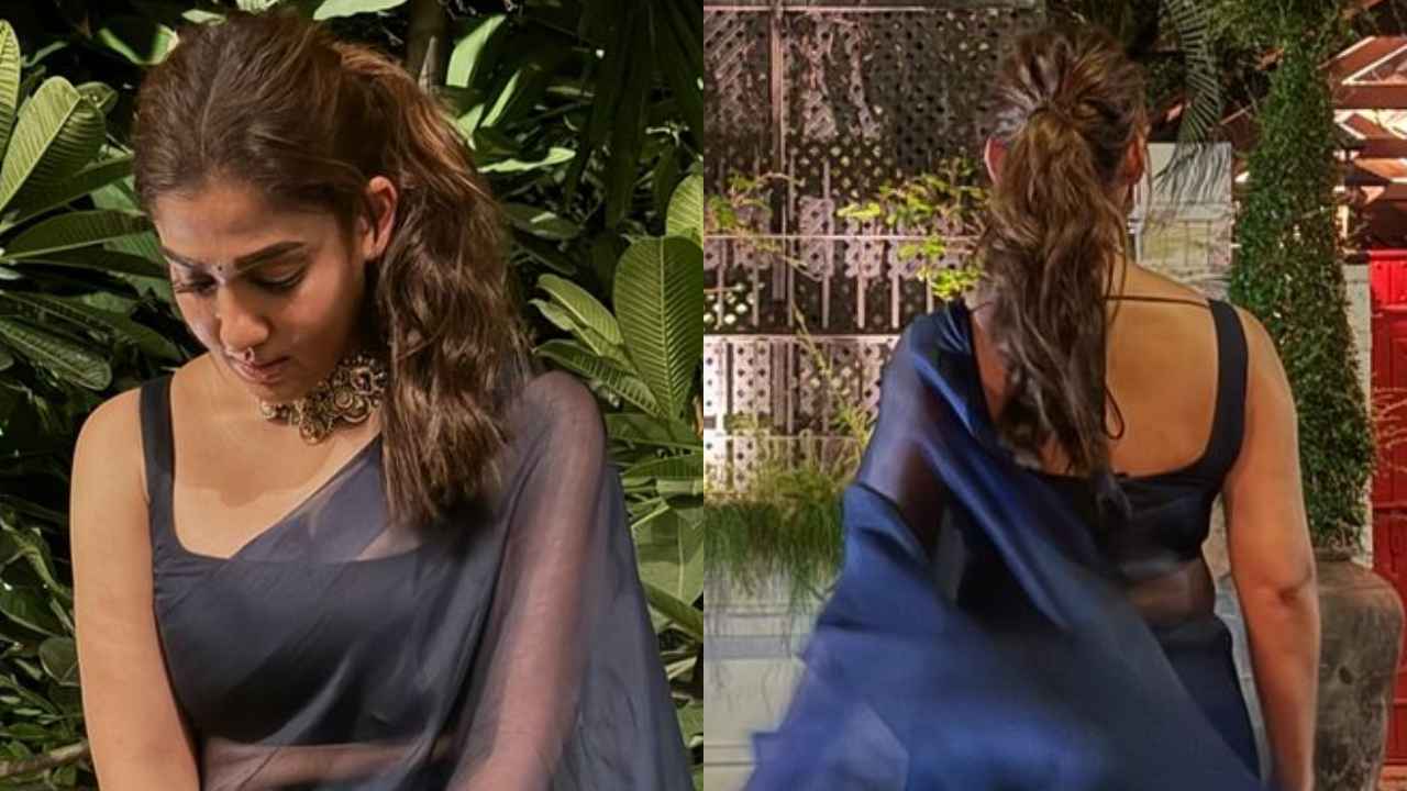 Nayanthara wears dark blue sheer saree with sleeveless blouse proving she is a minimalistic fashion queen (PC: Nayanthara Instagram)