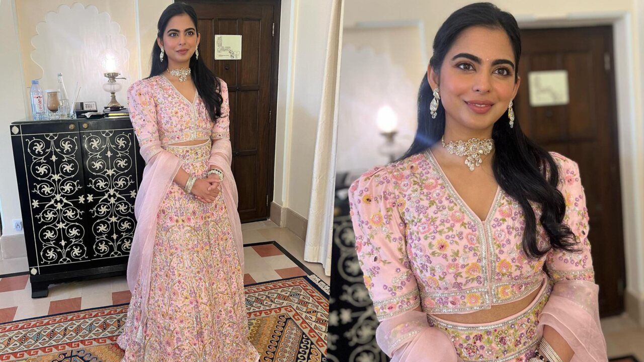 Isha Ambani in a pastel pink lehenga (PC: Instagram)