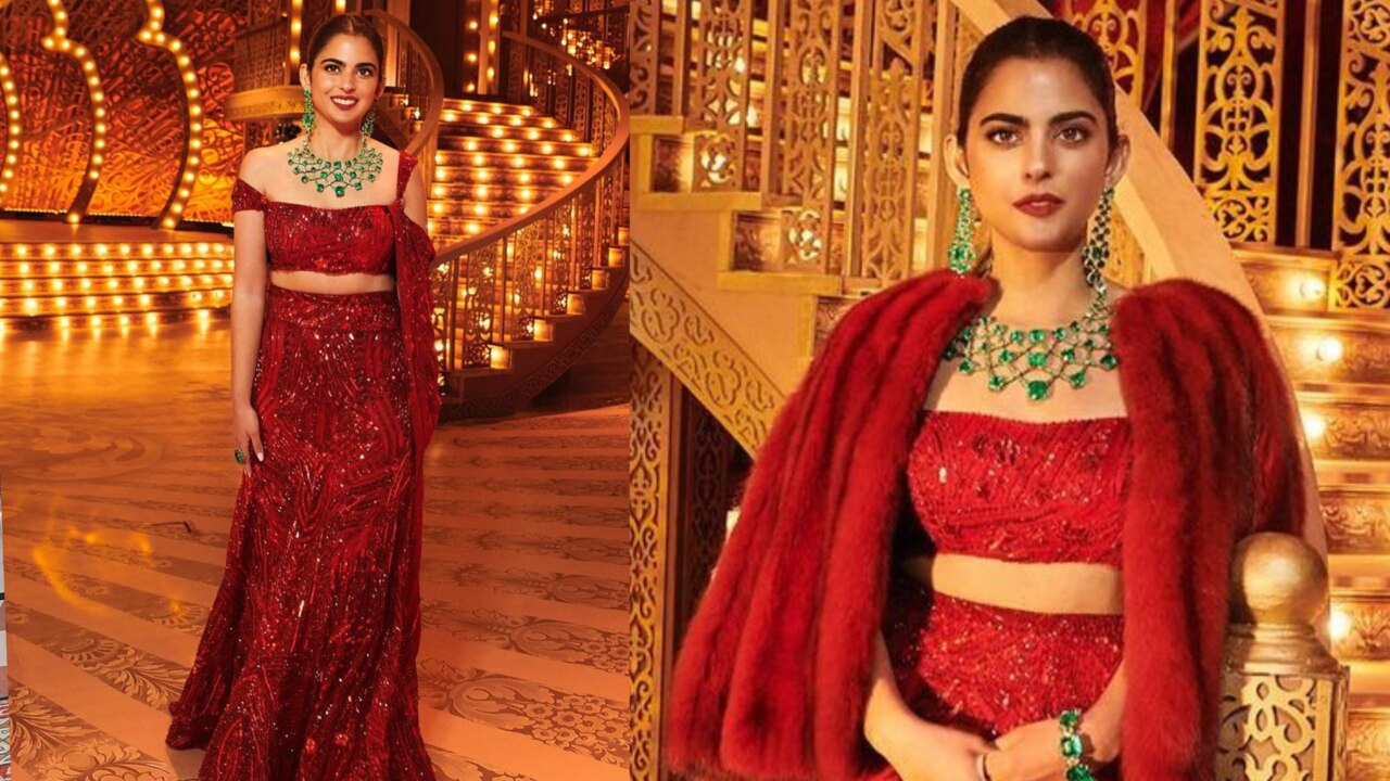 Isha Ambani in a red Manish Malhotra ensemble (PC: Instagram)