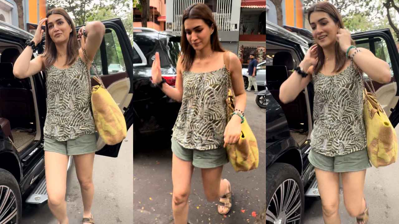 Kriti Sanon pairs sleeveless printed top with matching khaki green shorts and a high-end Chanel tote bag (PC: Varinder Chawla)